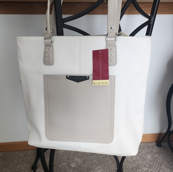 Koltov Shoulder Strap White/Sand Lexi Tote Zip & Slip Pockets Snap Close NWT - Picture 1 of 14